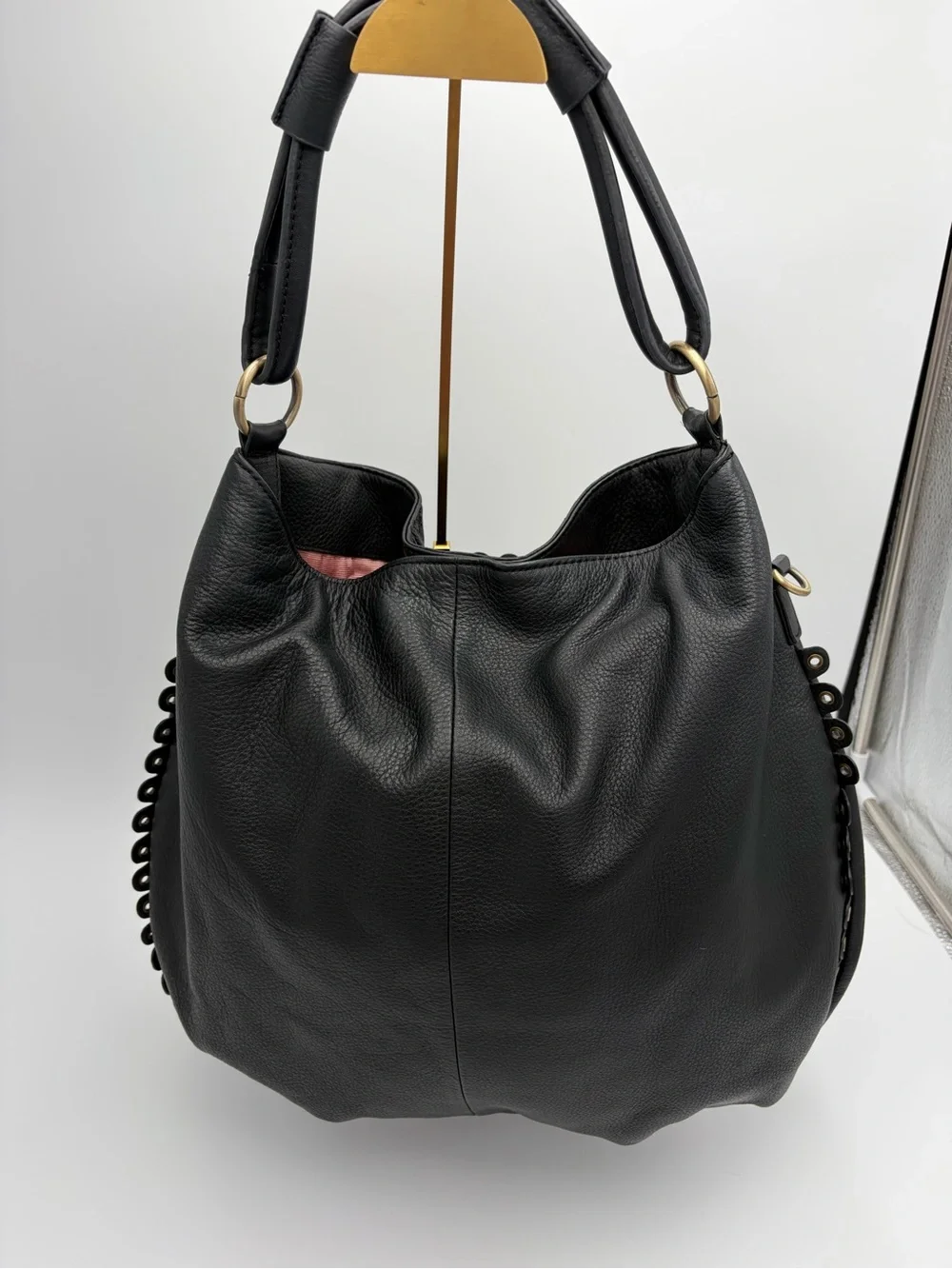 Rare Isabella Fiore Y2K Black Embroidered Leather Drawstring Hobo Bag